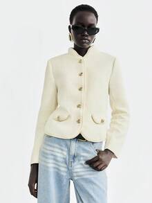 Lumivelle 女式长袖优雅粗花呢面料夹克，配有金属纽扣和缎带饰边 - 白色 - 查看 5