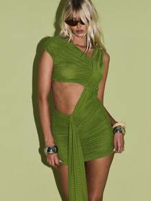 KIZN Elegant Ruched Mini Dress With Cut Out Detail Gathered Side Drape Detail Draped Side Accent Summer Special Occasion Dress Party Wedding Guest Attire