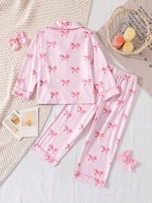 SHEIN Bộ đồ ngủ tay dài họa tiết nơ hồng dễ thương cho bé gái - Hồng - Xem 2