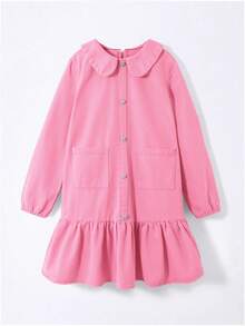 Tween Girl Fuchsia Peter Pan Collar Long Sleeve Ruffle Hem Casual Cute Sweet Pleated Dress - Hot Pink - View 8