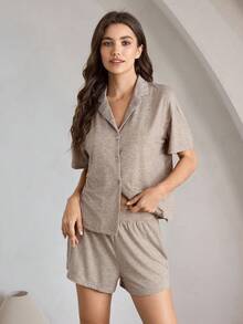 Ocili Leisure 1 Bộ đồ ngủ nữ cổ mềm tay ngắn và quần short, họa tiết hoa màu xám cho mùa lễ hội - Màu Khaki - Xem 2