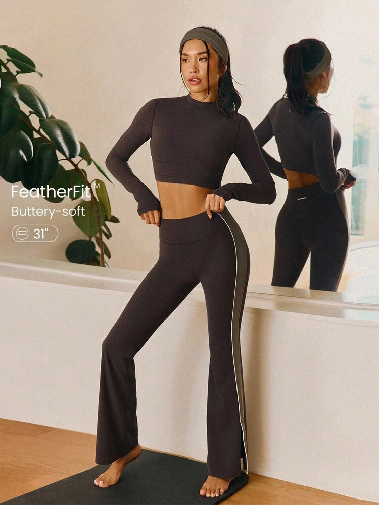 31" FeatherFit™ Contrasting Side Stripe Split Hem Flare Leggings Low Impact Yoga Pilates Studio Daily Casual Wear  Spring Summer