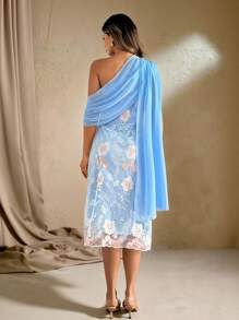 Roveilla Vestido midi de mujer talla grande elegante y romántico con cuello asimétrico bordado - Azul - Ver 2