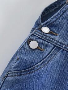 SHEIN 女婴可爱宽松蓝色牛仔背带裤秋冬装，街头酷炫风格牛仔服 - 深色水洗藍 - 查看 6