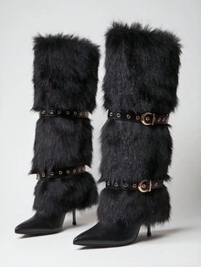 SHUZIA Botas altas hasta la rodilla con tacón de aguja y punta puntiaguda, decoradas con correa con hebilla, de moda para mujeres - Negro - Ver 7