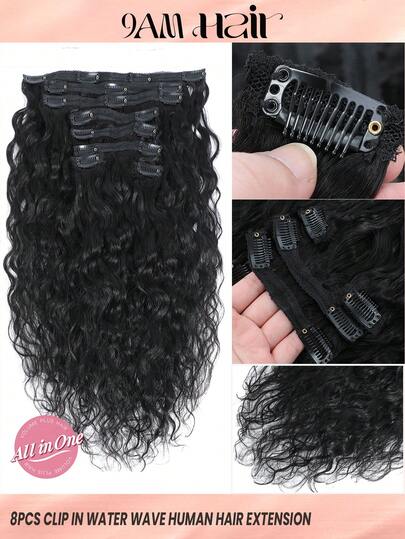 Set de 8 extensiones de cabello con clip de onda de agua natural, onda de maíz larga para uso diario de mujeres, extensiones de cabello humano con clip