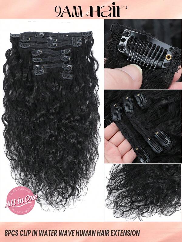 Set de 8 extensiones de cabello con clip de onda de agua natural, onda de maíz larga para uso diario de mujeres, extensiones de cabello humano con clip