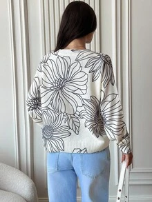 Firerie Suéter casual feminino com estampa floral e gola redonda para outono/inverno - Damasco - Ver 3