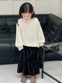 DAZY Young Girls Open Shoulder Bow Knit Sweater, Fresh Korean Style, Long Sleeve Fall,Winter - White - View 7
