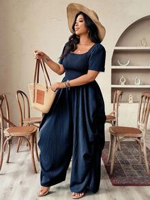 Weeklong Plus Size Women's Holiday Vacation Style Woven Loose Boat Neck Short Sleeve Jumpsuit - Navy Blue - View 3