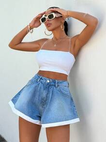 EURMUSE 100%Cotton Rigid Contrast Paneled Denim Shorts - Medium Wash - View 5