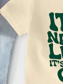 SHEIN Young Girl Casual Minimalist English Letter Print Short Sleeve Round Neck T-Shirt, Suitable For Summer - Apricot - View 4