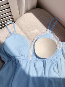 Comfortcana 夏季针织吊带背心，带衬垫胸罩和短裤蕾丝边套装 - 藍白色 - 查看 4
