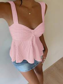 MainGRL Women's Pink Hollow Embroidery Drawstring Detail Casual Tank Top, Summer - Pink - View 5