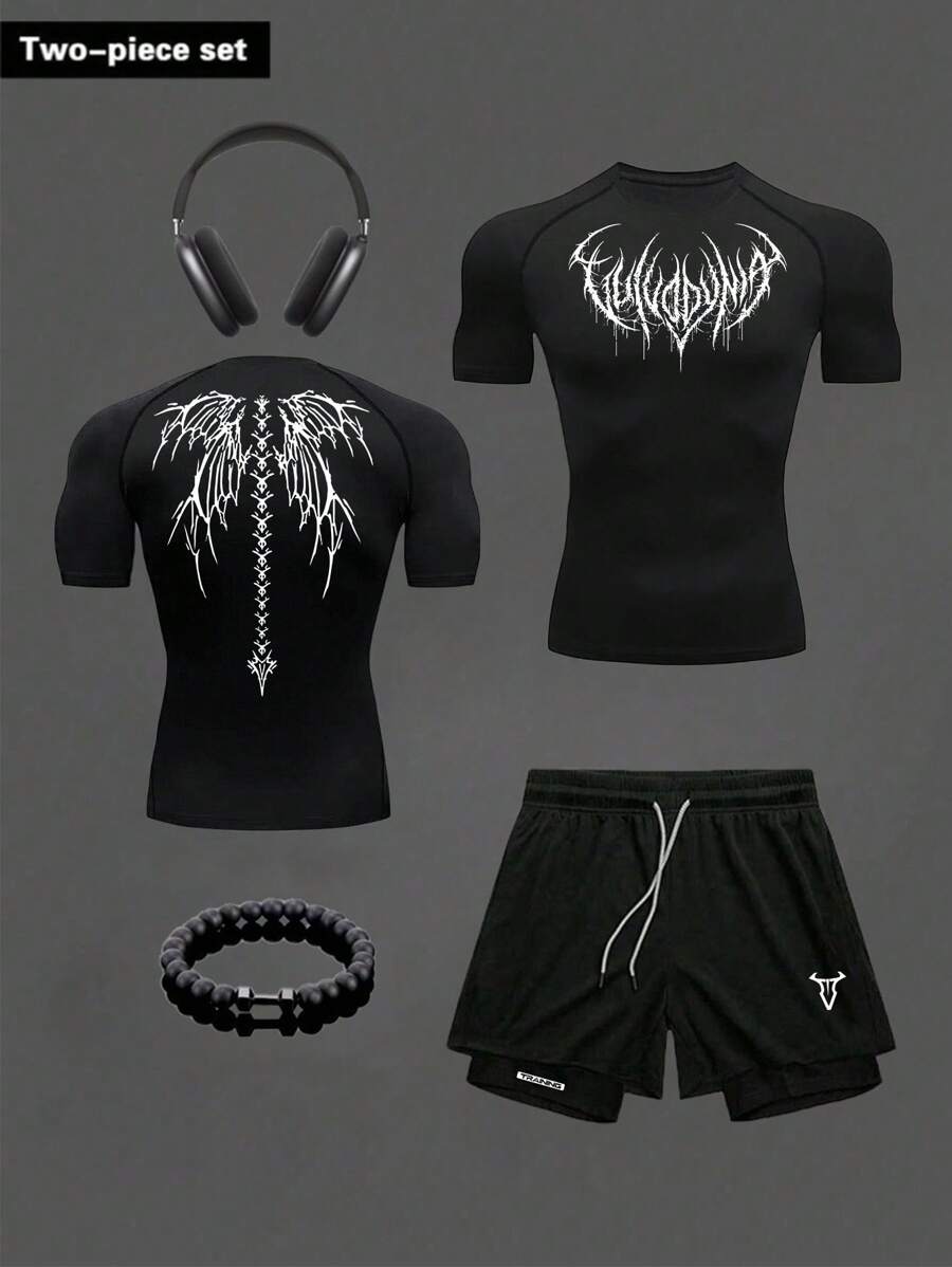 Manfinity Sport Corelite Bộ đồ thể thao nam gồm áo thun tay ngắn raglan in họa tiết Gothic và quần short hai lớp có dây rút ở eo, thích hợp cho tập gym và tập luyện. - màu đen - Xem 1