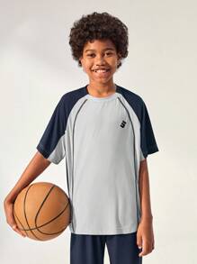 JNSQ Back To School Outdoor Sports Short Sleeve T-Shirt, Kids Round Neck Contrast Color Funny Letter Print Outdoor Sports Short Sleeve Tee - Multicolor - View 3