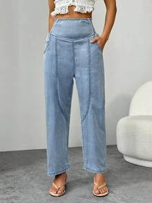 SHEIN PETITE Women's High Waist Pockets Casual Straight Leg Pants Loose Jeans - Light Wash - View 7