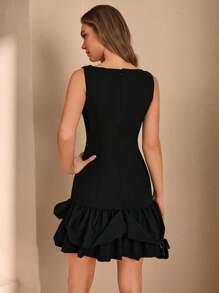 CLARA VERO Soft-Feel Woven Fabric Red Sleeveless Mini Dress With Ruffled Hem Detail - Black - View 2