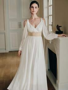 Anewsta 女式长袖串珠优雅长裙，白色，喇叭裙，新品上市