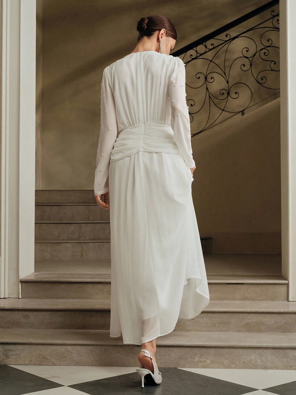 Anewsta New Autumn Party Dress, V-Neck Long Sleeve, Waist Embroidery, Pearl Decor