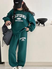 Tween Girl Comfortable Casual Minimalist Slogan Print Oversized Crew Neck Long Sleeve Hoodie And Skinny Sweatpants Set, Suitable For Home And Outdoor, Moss Green, Christmas Tween Girl Sweatsuit Teen Girl Sweatsuit Girls Sweatsuit Set Hoodie And Sweatpants Set Girls 2 Piece Sweatsuit Outfit Girls Teen Girl Sweatsuit Set Sweatsuit For Teen Girls Teen School Clothes 2 Piece Set Girl Long Sleeves Outfits Sweatshirt Straight Pants Suit Tween Girl Fall Winter