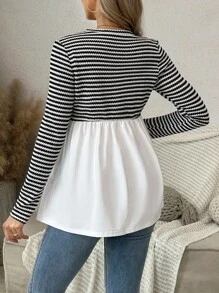 SHEIN Striped Contrast Color Casual Maternity Long Sleeve Round Neck T-Shirt - Black and White - View 2