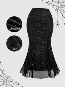 SHEIN MOD Váy lưới đuôi cá thêu ren chắp vá cỡ lớn cạp cao - màu đen - Xem 6