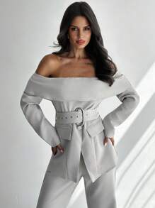 Women's Elegant Chic Romantic Casual Linen-Texture Off-Shoulder Long Sleeve Cinched Waist Metal Button Decor Blazer Jacket, Suitable For Autumn - Khaki - View 8