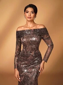 Serin 优雅奢华珍珠亮片花卉露肩透视长袖美人鱼连衣裙，适合婚礼、派对、度假、庆典、新娘送礼会、新娘母亲礼服 - 咖啡棕 - 查看 5