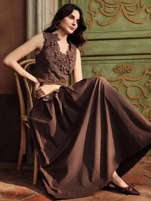 Anewsta Bộ 2 áo dài tay in họa tiết và quần short cho nữ - màu nâu - Xem 5