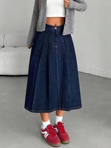 EURMUSE Solid Color Slant Pocket Fold Pleated Denim Midi Skirt Raw Wash - Dark Wash - View 7