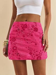 SHEIN BAE Váy Mini Đính Hạt & Thêu Cho Nữ, Dành Cho Kỳ Nghỉ Hè - Màu Hồng Tươi - Xem 7