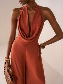 Zivah Mono de mujer con cuello halter, estilo suelto, de pernera ancha, estilo swing, en color rojo ladrillo marrón tejido, estilo celebridad de internet, elegante para vacaciones, citas diarias, playa, crucero, fiesta, 2025 nuevo estilo