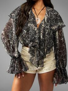 MISSGUIDED Blusa de gasa con estampado de serpiente, manga larga globo, detalle de volantes, escote en V, elegante para fiesta de noche, moda de otoño e invierno, prenda de declaración para usar en club - Multicolor - Ver 3