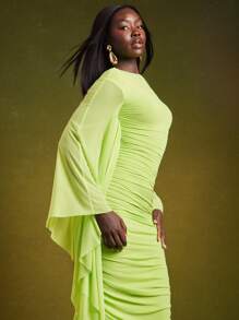 NYA SZN 连衣裙长袖蝙蝠袖褶饰镂空细节修身特殊场合活动婚礼宾客新娘派对毕业典礼日期端庄优雅伊比沙岛正式网眼长裙霓虹绿假日万圣节秋冬女士服装 - 綠色 - 查看 5