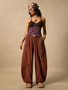 Easelle Vintage Western Boho Casual Retro Brown Curved Blade Design Women's Pants Edge Cutting Design  Fall Women Winter Clothes - Coffee Brown - View 9