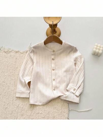 Loomiva Boys' Solid Color Casual Versatile Stand Collar Long Sleeve Button-Up Shirt, Comfortable, Suitable For Back To School, Versatile Shirt, Beige Shirt, Solid Color Shirt, Long Sleeve Shirt, Beige Shirt Fall Winter