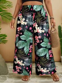 SHEIN VCAY Plus Size Women Tropical Plant Print Elastic Waist Wide Leg Pants