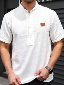 Manfinity Homme 男士纯色开领短袖休闲纹理面料衬衫，夏季 - 白色 - 查看 1