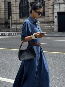 DAZY 女式夏季泡泡袖翻领收腰牛仔连衣裙 - 藍色 - 查看 5