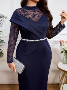 Modelyn 大码女式立领撞色蕾丝长袖开衩下摆优雅连衣裙 - 藏蓝色 - 查看 3