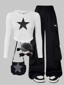 SHEIN Explorewe Áo họa tiết ngôi sao cho bé gái tuổi mới lớn kèm quần Cargo nhiều túi, trang phục thường ngày 2 món - trắng - Xem 9