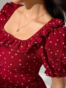 Modelyn 女士方领荷叶边腰短款泡泡袖波点中长连衣裙，酒红色 - 酒紅色 - 查看 8