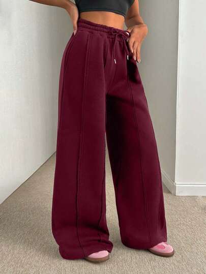 EURMUSE Plus Size Women Solid Color Comfy Loose Fit Front Stitch Detailed Sweatpant Pant