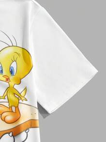 Looney Tunes X Manfinity Manfinity Joysei 男士休闲趣味卡通印花宽松落肩白色T恤，夏季 - 白色 - 查看 4