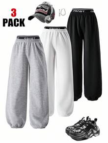 3pcs/Set Tween Girls Loose Casual Basic Multi-Color Design Elastic Waist Contrast Splice Ankle Length Pants, Suitable For Daily, Commute, Leisure, Vacation, Gathering, Street Snap, All Season Chic Outfits For Autumn/Winter Fall