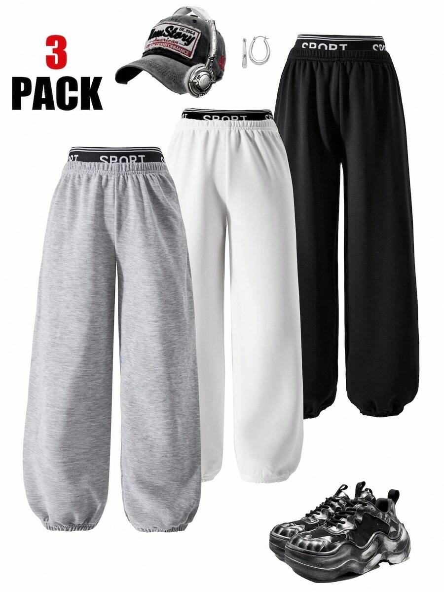 3pcs/Set Tween Girls Loose Casual Basic Multi-Color Design Elastic Waist Contrast Splice Ankle Length Pants, Suitable For Daily, Commute, Leisure, Vacation, Gathering, Street Snap, All Season Chic Outfits For Autumn/Winter Fall