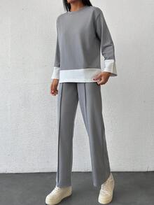 EURMUSE Bộ đồ thể thao 2 món thoải mái, áo nỉ cổ tròn thường ngày cỡ nhỏ có viền chi tiết, vừa vặn thoải mái - Xám - Xem 4