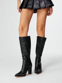 ROMWE Grunge Punk Botas de Salto Alto Femininas, Versáteis Elegantes de Bico Fino Moda PU Salto Grosso, Outono/Inverno - Preto - Visão 2