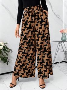 Editum 女式拼色印花休闲裤 - 摩卡棕 - 查看 5